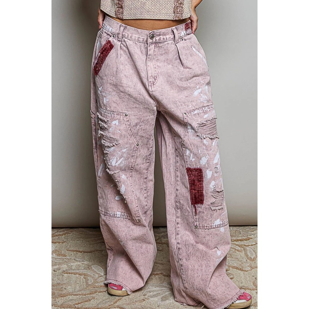 186. POL Oversize Size 10-12 Pink Acid Wash Jeans Distressed Paint Wide Leg M